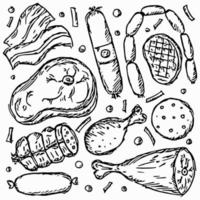 Vector meat icons. Doodle vector illustration with meat products icons