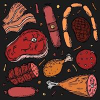 Colored meat icons. Doodle vector illustration with meat products icons
