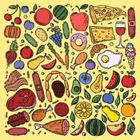 iconos de comida fondo de comida coloreada. garabato, vector, ilustración, con, alimento, icono vector