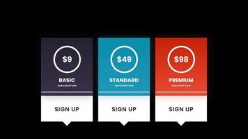 animation  motion graphic video of pricing subscription plan table , UI UX interface design elements. Price list 3 options plans infographic design for website or presentation or online services