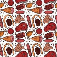 Seamless meat pattern. Colored meat background. Doodle vector illustration with meat products icons