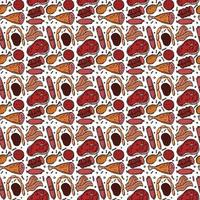 Seamless meat pattern. Colored meat background. Doodle vector illustration with meat products icons