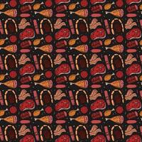 Seamless meat pattern. Colored meat background. Doodle vector illustration with meat products icons