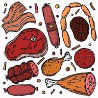 Colored meat icons. Doodle vector illustration with meat products icons