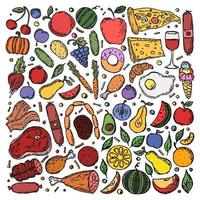 food icons. Colored food background. Doodle vector illustration with food icon