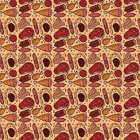 Seamless meat pattern. Colored meat background. Doodle vector illustration with meat products icons