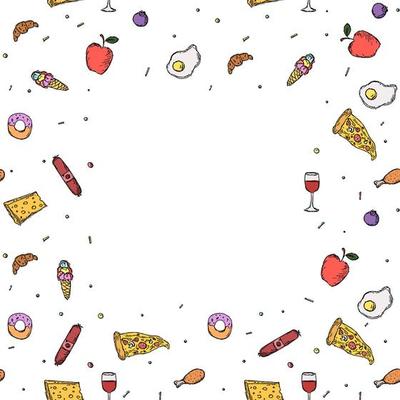 Seamless food frame. Food background with place for text. Doodle vector illustration with food icon