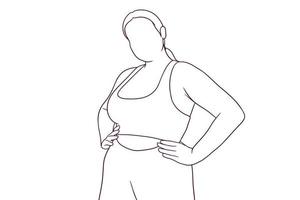beautiful plus size woman holding hands on waist. hand drawn style vector illustration