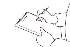el médico que usa equipo de protección personal escribe una nota. ilustración de vector de estilo dibujado a mano