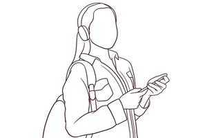estudiante feliz con mochila escuchando música. ilustración de vector de estilo dibujado a mano