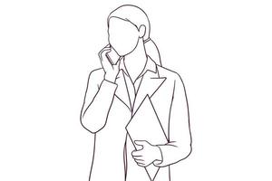 businesswoman talking on the phone while holding clipboard. hand drawn style vector illustration