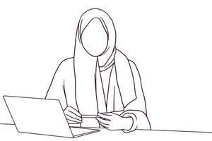 empresaria en hijab trabajando en una computadora portátil. ilustración de vector de estilo dibujado a mano