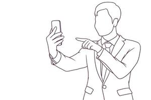 Young businessman having a video conference call. hand drawn style vector illustration