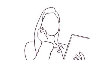empresaria hablando por teléfono mientras usa la tableta. ilustración de vector de estilo dibujado a mano