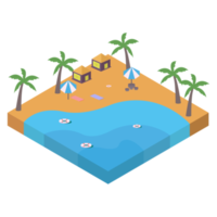 Disegno vettoriale di spiaggia sabbiosa 2.5d con il concetto di albero di cocco e resort, vettore di spiaggia sabbiosa con paesaggio a forma di 2.5d, spiaggia con un albero di cocco in estate. png