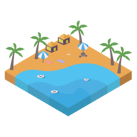 Projeto de vetor de praia de areia 2.5d com o conceito de coqueiro e resort, vetor de praia de areia com paisagem em forma de 2.5d, praia com um coqueiro no verão. png