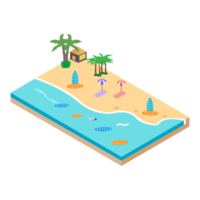illustrazione vettoriale del concetto di spiaggia sabbiosa. vettore di spiaggia sabbiosa con tavola da surf e concetto di resort e albero di cocco. arte 3d mare con salvagente.