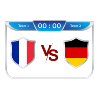 Sports match scoreboard with shield shapes and blue color lower thirds template for sports like soccer and football. France VS Germany vector illustration scoreboard broadcast lower thirds template. png