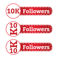 Collezione di badge da 10.000 follower. pulsante follower dei social media con tonalità di colore rosso e bianco. disegno vettoriale del ringraziamento per la celebrazione dei social media 10k follower. png