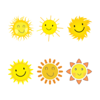 soldekal med rund form och gul färg. söt sol med leende ansikte och coola solglasögon. solstråle som kommer ut från solvektordesign. 6 sol vektor sociala medier klistermärke samling. png