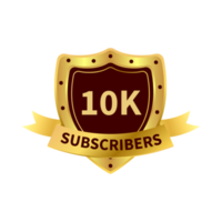 Subscriber royal badge design with a shield shape. Social media subscriber badge design with golden gradient color.  Golden and dark badge design with ribbon vector illustration. png