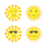 schattige zon met lachend gezicht en coole zonnebril. zonnestraal die uit zon vectorontwerp komt. zonnesticker met een ronde vorm en gele kleur. zon vector sociale media sticker collectie. png