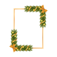 Christmas frame with green pine leaves, starlight, golden ribbon. Xmas golden frame snowflakes. Merry Christmas decoration elements with golden ribbons and shiny snowflakes. Christmas elements. png
