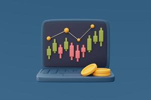 red and green candlestick trade chart on computer laptop screen with coin stack,Stock market financial statistics,Forex,online trading concept,minimal style,3d rendering. photo