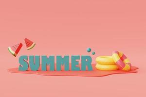 3d rendering of summer vacation concept with colorfull summer elements,minimal style.3d render. photo