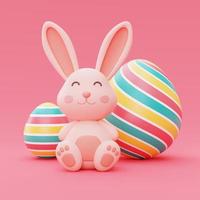 Easter bunny with colorful easter eggs isolated on pink backgound,happy easter holiday concept.minimal style,3d rendering. photo