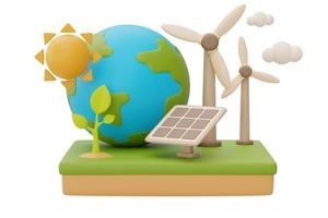 fuente alternativa de concepto de electricidad con globo terráqueo, paneles solares, turbinas eólicas y plántulas, energía ecológica, limpia, representación 3d. foto