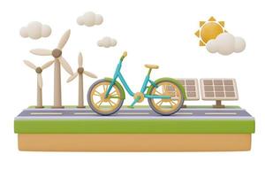 concepto de fuente alternativa de electricidad, bicicleta en una carretera con turbinas eólicas y paneles solares en el fondo, energía ecológica, limpia, representación 3d. foto