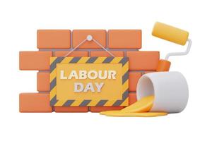 Brick wall with Under construction sign,sponge roller and paint,Construction tools,Happy labour day.3d rendering photo