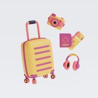 Render 3D de maleta rodeada de cámara, auriculares y pasaporte, turismo y concepto de viaje, vacaciones de vacaciones. Estilo minimalista. foto