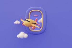 Render 3d de la ventana del avión con avión en el cielo, turismo y concepto de viaje, vacaciones de vacaciones. estilo minimalista. foto