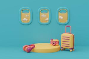 3d render of airplane window scene with empty podium stage surrounded by traveler accessories for showing or presentation,minimal style. photo