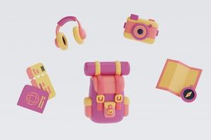 conjunto de turismo y concepto de viaje con mochila y accesorios para viajeros, estilo minimalista, plano lay.3d render. foto