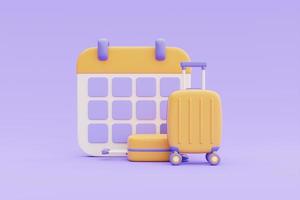 concepto de tiempo para viajar, reserva de boletos de avión en línea con maleta amarilla y calendario, turismo y plan de viaje para viajar, vacaciones, representación 3d foto