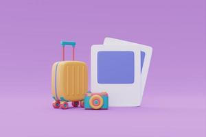 Time to travel concept,suitcase with camera and Photo frame,Tourism and travel plan to trip,journey,3d rendering