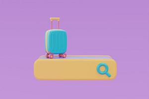 barra de búsqueda con maleta verde, turismo y plan de viaje para el concepto de viaje, vacaciones, horario de verano, representación 3d foto
