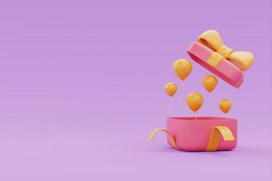 opened 3d gift box and ballon floating with copy space on purple background, 3d rendering. photo