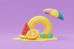 concepto de horario de verano con anillo inflable y coloridas frutas de verano sobre fondo morado, representación 3d. foto