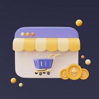 carrito de compras con monedas ethereum y bitcoin, ofertas web y criptomonedas, concepto de compras en línea, estilo minimalista. Representación 3d. foto