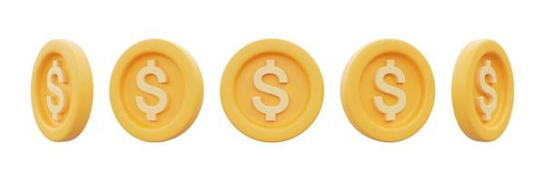 conjunto de monedas de oro con signo de dólar aislado sobre fondo blanco, negocio, finanzas o concepto de cambio de moneda, estilo mínimo. Representación 3d.