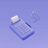 Lector de tarjetas de crédito púrpura 3d, caja registradora, concepto de compras en línea, estilo minimalista, representación 3d. foto