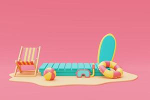 3d rendering of summer vacation concept ,Blue mock up display with beach chairs and colorfull summer elements,minimal style.3d render. photo