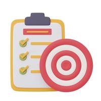 objetivo rojo y flecha en el portapapeles con lista de verificación, logro del objetivo, concepto de estrategia empresarial de éxito, estilo minimalista, representación 3d. foto