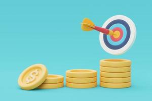 Dart arrow hit the center target of dartboard with coin stacks ,Achieving the goal,marketing,financial and Investment goals concept,minimal style,3d rendering. photo