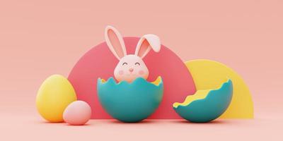 conejito de pascua con coloridos huevos de pascua, feliz concepto de vacaciones de pascua. estilo minimalista, representación 3d. foto