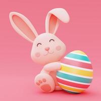 conejito de pascua con huevos de pascua coloridos aislados en fondo rosa, feliz concepto de vacaciones de pascua. estilo minimalista, representación 3d. foto